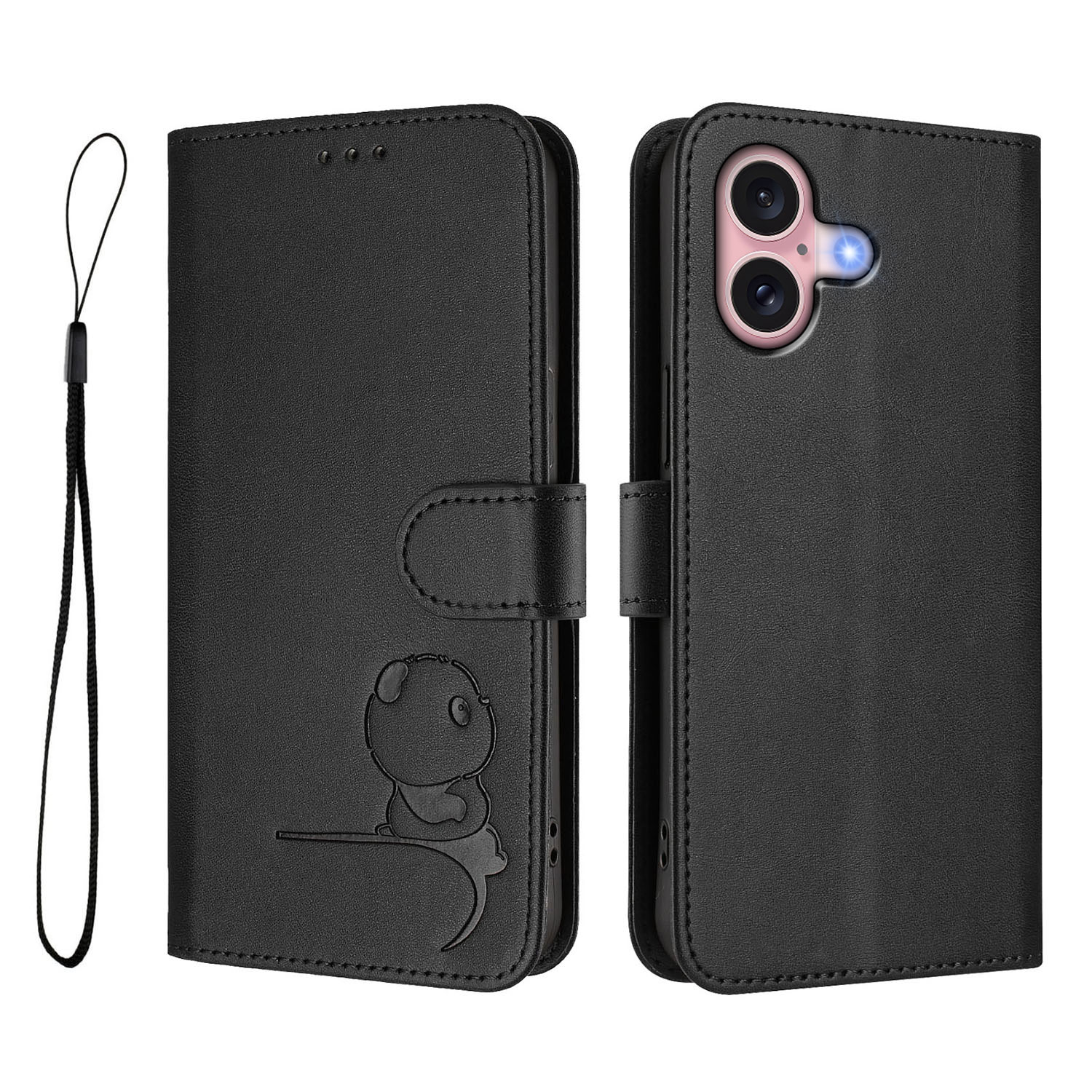 For iPhone 16 Case Panda Imprint RFID Blocking Wallet Leather Phone Cover with Wrist Strap - Black