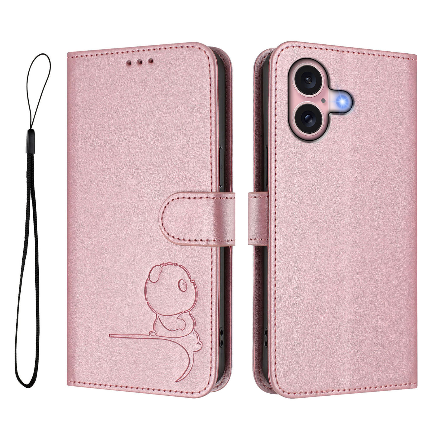 For iPhone 16 Case Panda Imprint RFID Blocking Wallet Leather Phone Cover with Wrist Strap - Pink