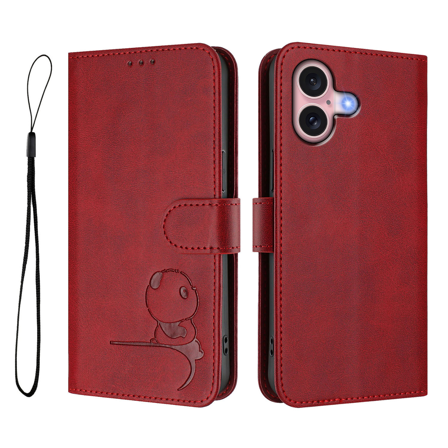 For iPhone 16 Case Panda Imprint RFID Blocking Wallet Leather Phone Cover with Wrist Strap - Wine Red