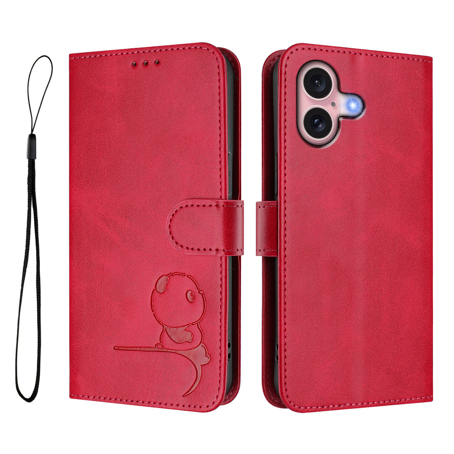 For iPhone 16 Case Panda Imprint RFID Blocking Wallet Leather Phone Cover with Wrist Strap - Rose