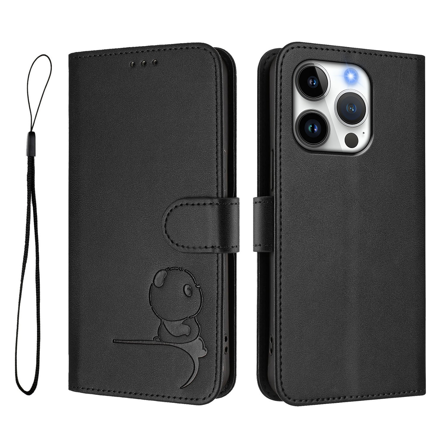 For iPhone 16 Pro Case Panda Imprint RFID Blocking Wallet Leather Phone Cover with Wrist Strap - Black