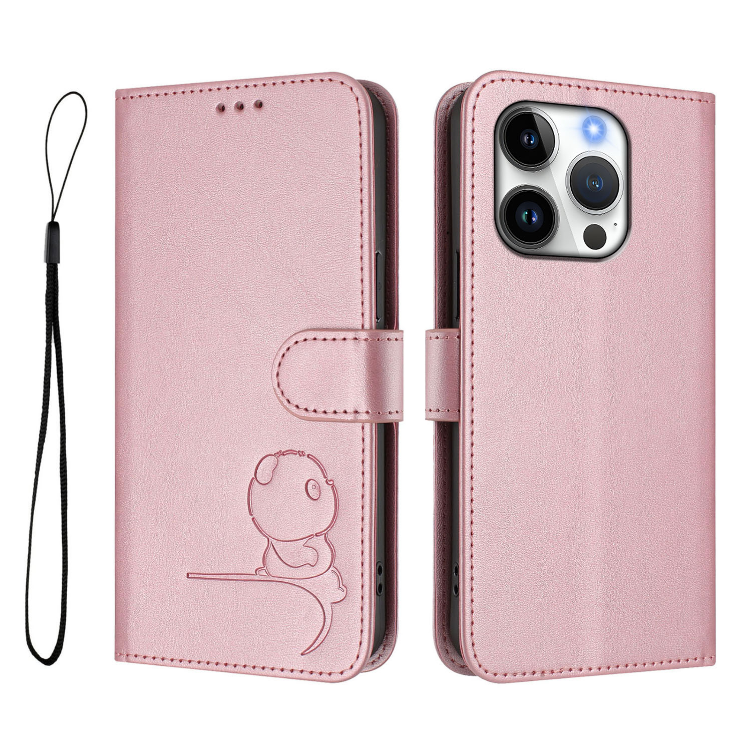 For iPhone 16 Pro Case Panda Imprint RFID Blocking Wallet Leather Phone Cover with Wrist Strap - Pink