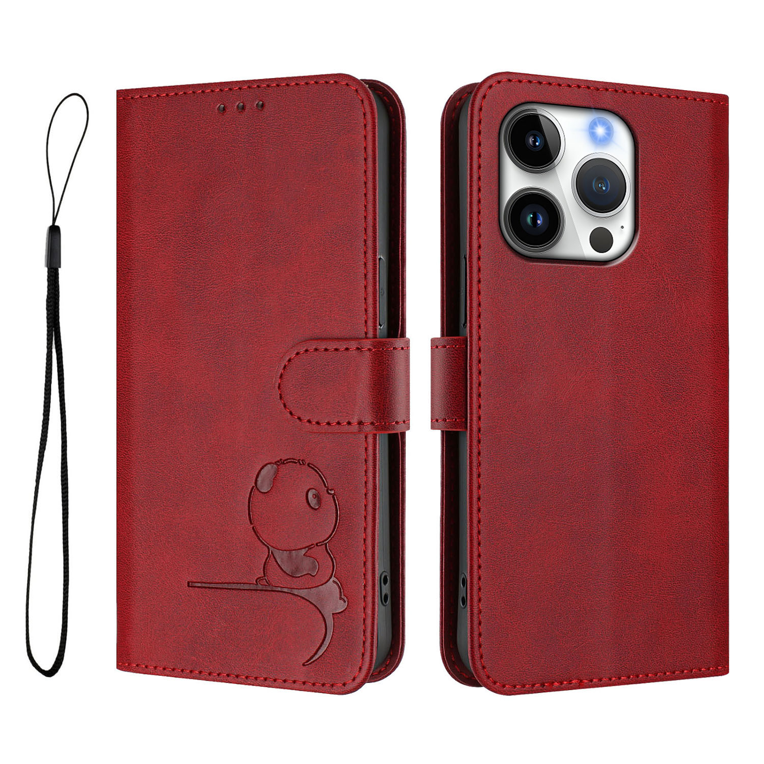 For iPhone 16 Pro Case Panda Imprint RFID Blocking Wallet Leather Phone Cover with Wrist Strap - Wine Red
