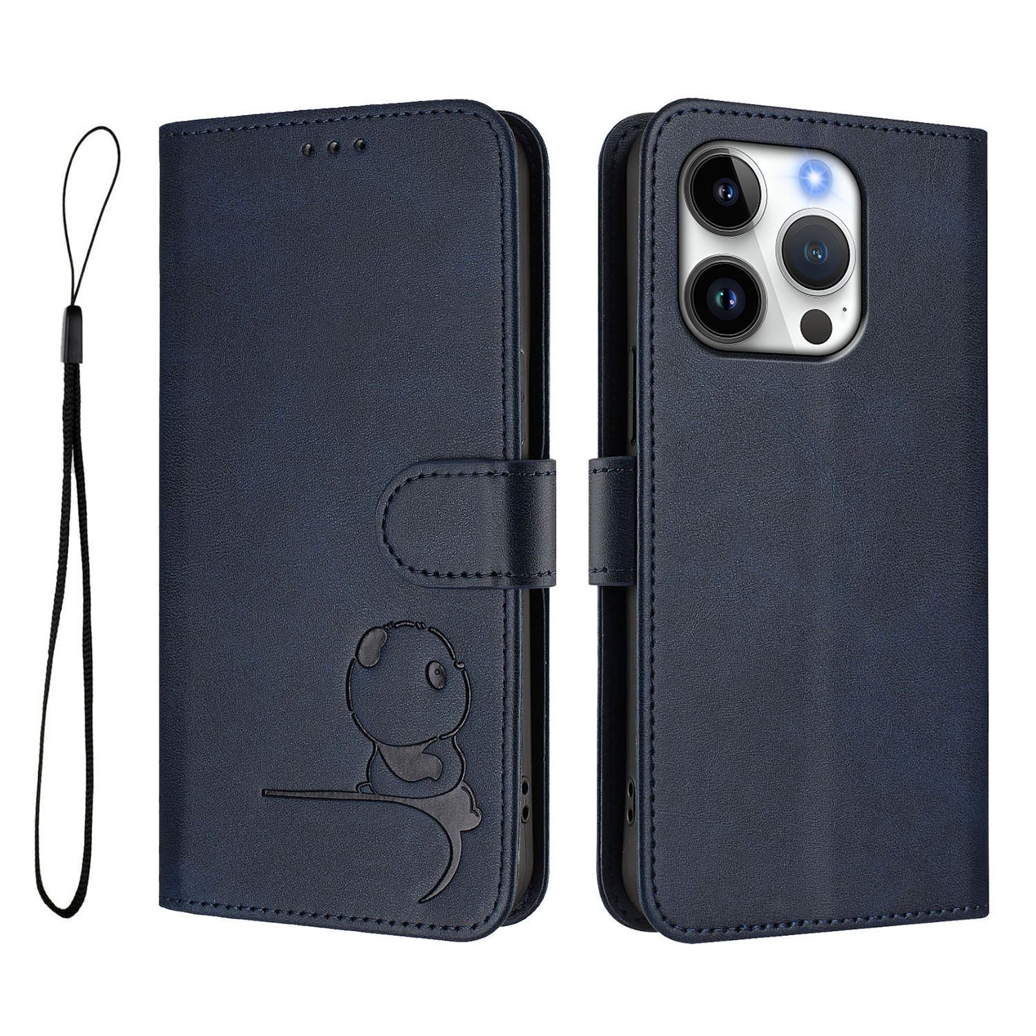 For iPhone 16 Pro Case Panda Imprint RFID Blocking Wallet Leather Phone Cover with Wrist Strap - Blue