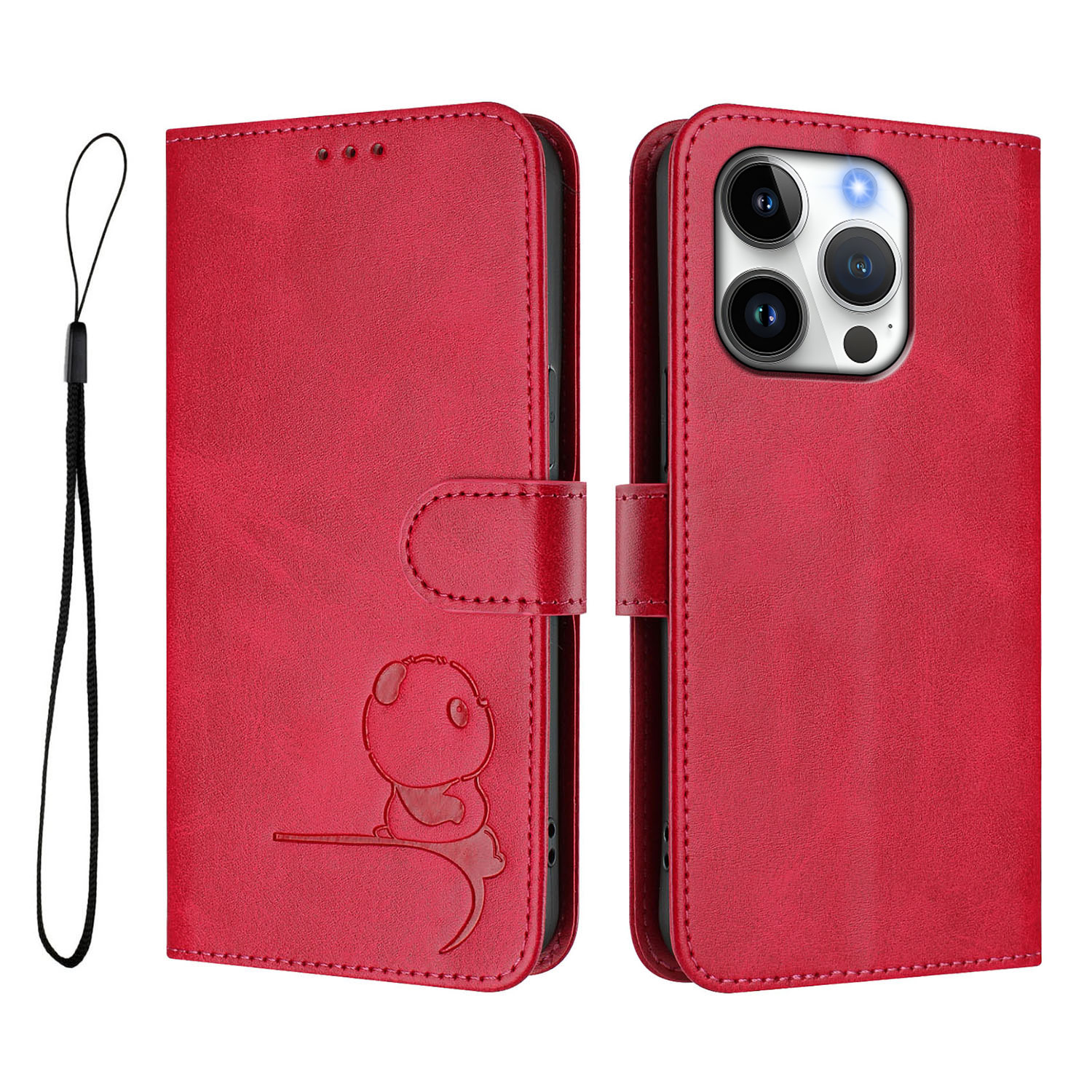 For iPhone 16 Pro Case Panda Imprint RFID Blocking Wallet Leather Phone Cover with Wrist Strap - Rose