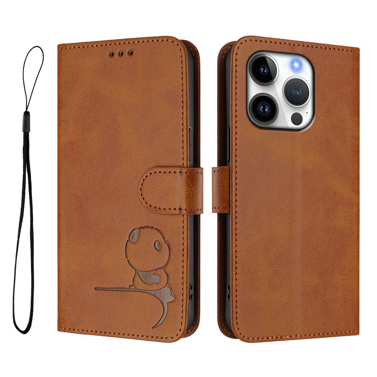 For iPhone 16 Pro Case Panda Imprint RFID Blocking Wallet Leather Phone Cover with Wrist Strap - Brown