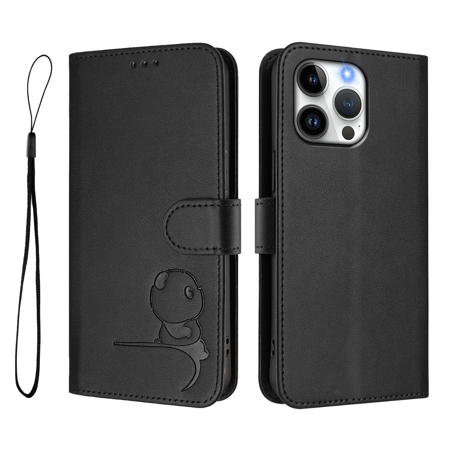 For iPhone 16 Pro Max Case Panda Imprint RFID Blocking Wallet Leather Phone Cover with Wrist Strap - Black