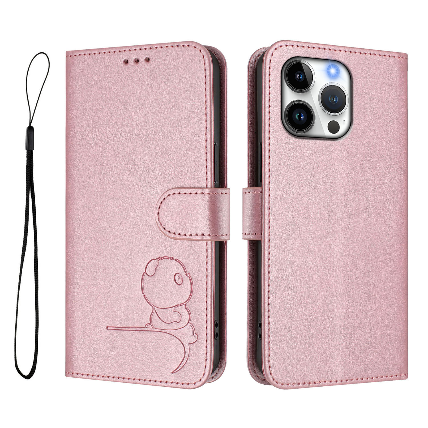 For iPhone 16 Pro Max Case Panda Imprint RFID Blocking Wallet Leather Phone Cover with Wrist Strap - Pink