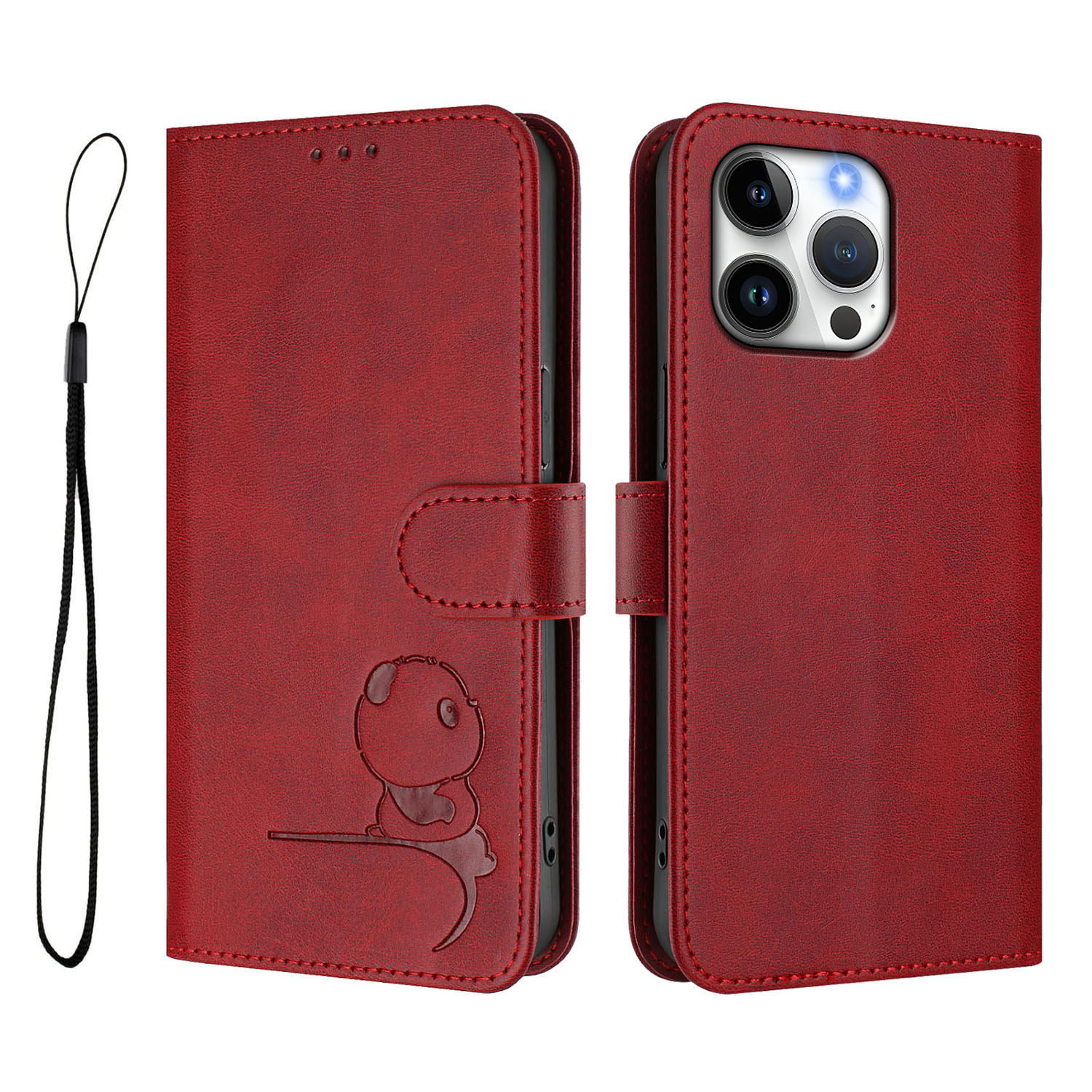 For iPhone 16 Pro Max Case Panda Imprint RFID Blocking Wallet Leather Phone Cover with Wrist Strap - Wine Red