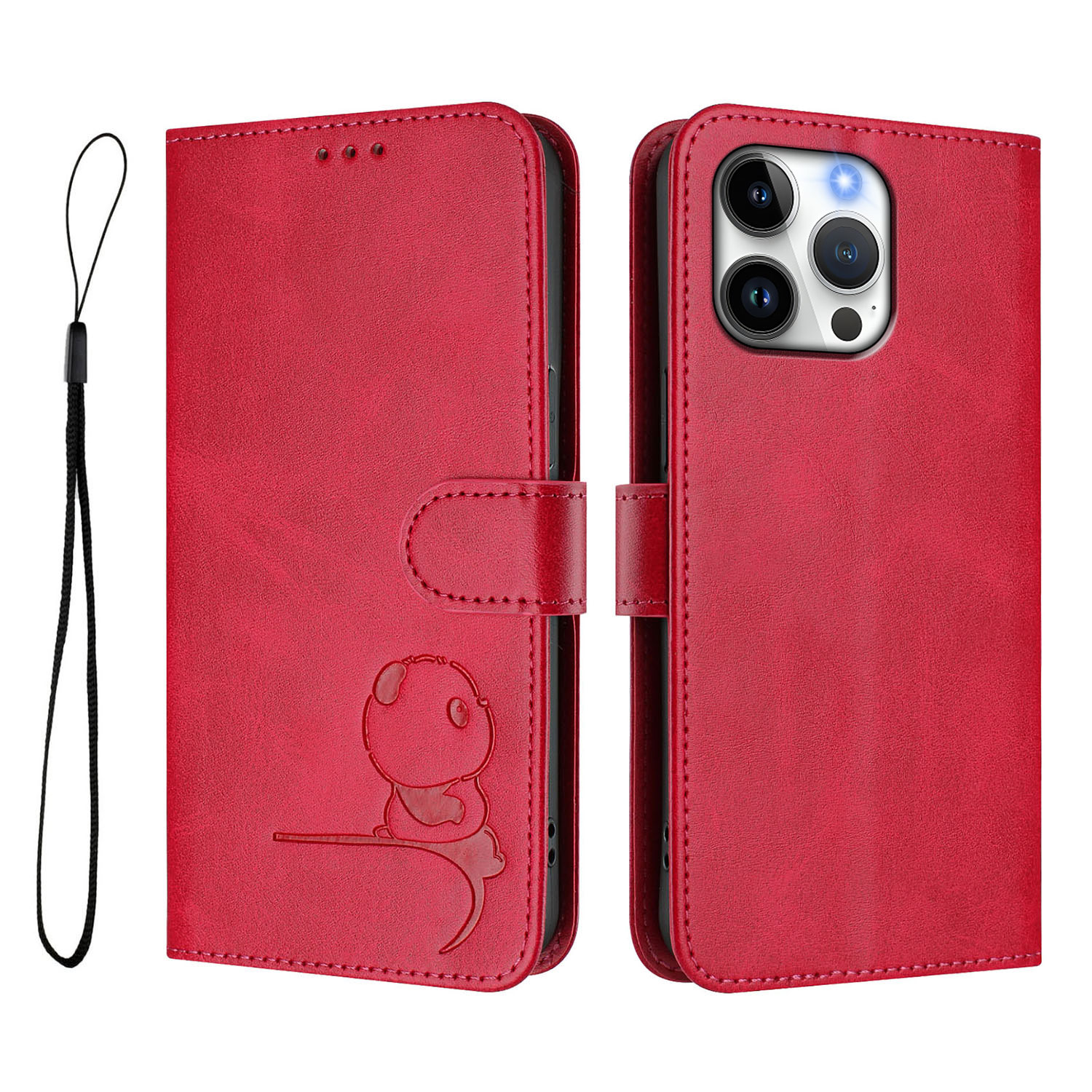 For iPhone 16 Pro Max Case Panda Imprint RFID Blocking Wallet Leather Phone Cover with Wrist Strap - Rose