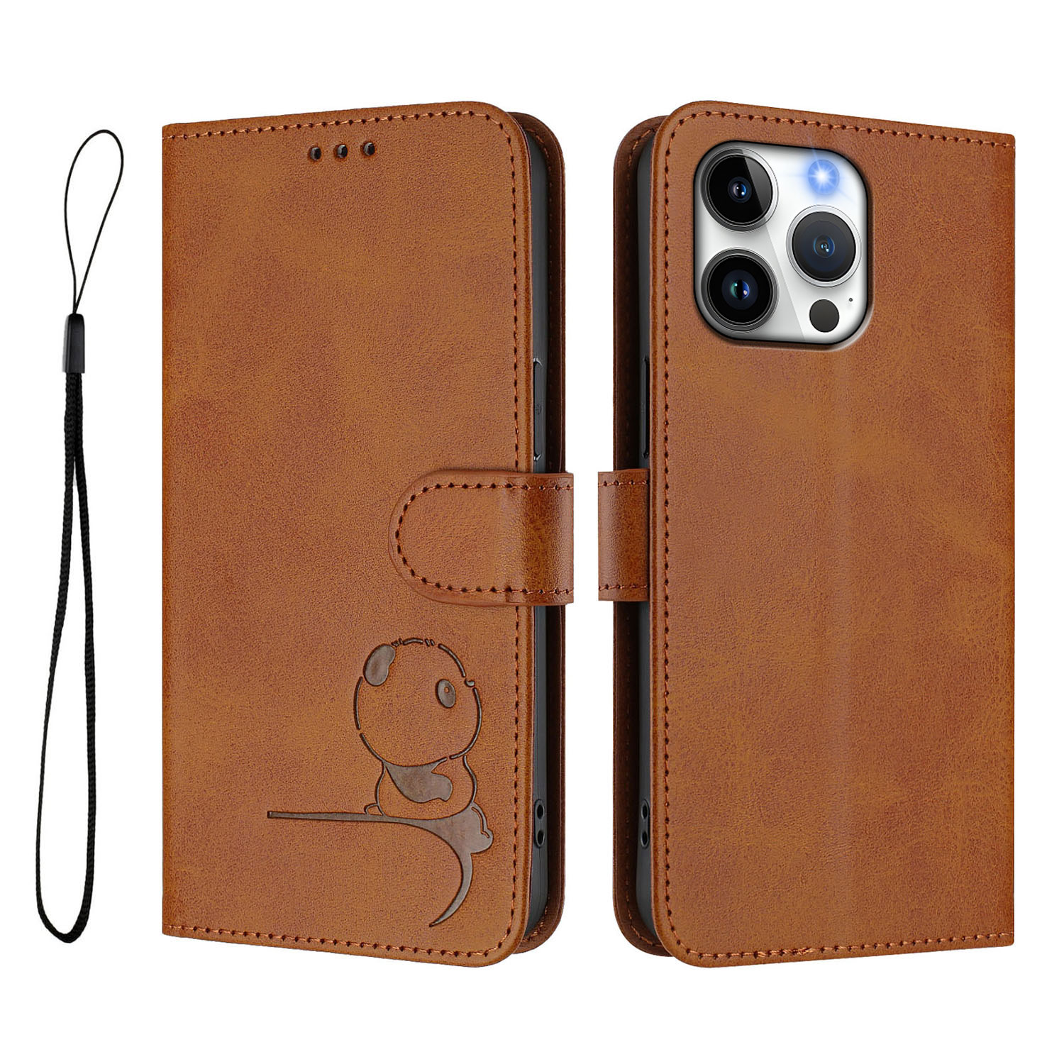 For iPhone 16 Pro Max Case Panda Imprint RFID Blocking Wallet Leather Phone Cover with Wrist Strap - Brown