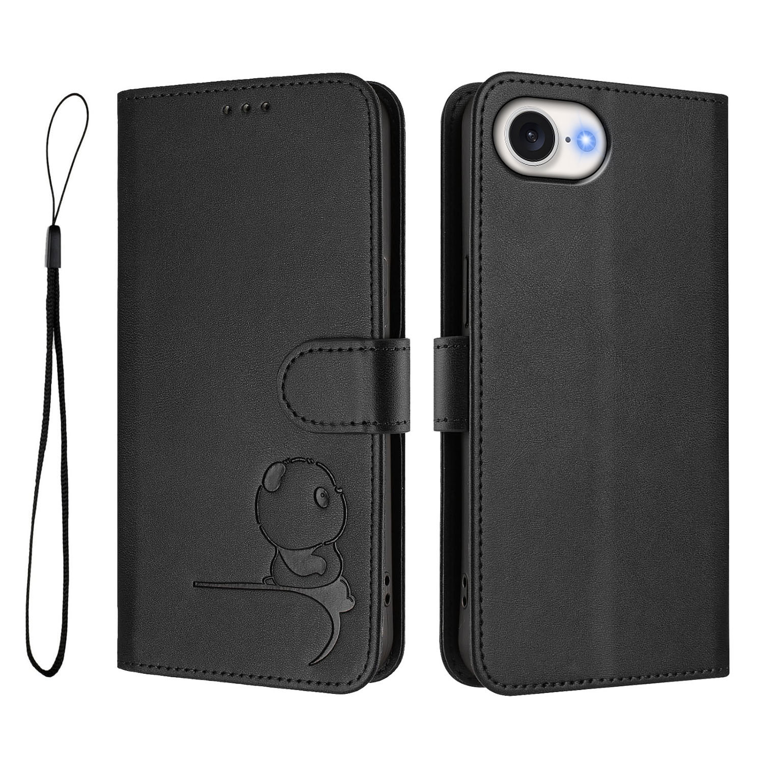 For iPhone 16e Case Panda Imprint RFID Blocking Wallet Leather Phone Cover with Wrist Strap - Black