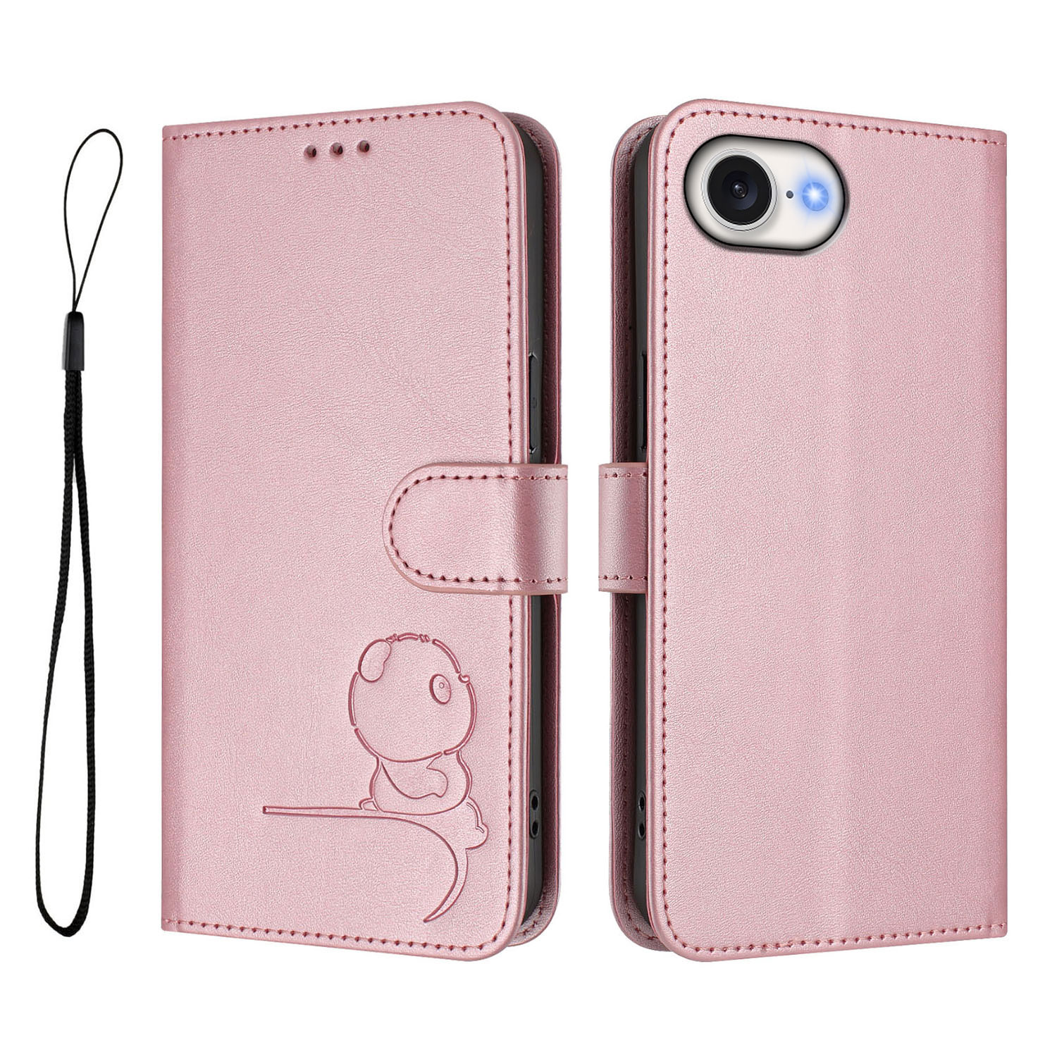 For iPhone 16e Case Panda Imprint RFID Blocking Wallet Leather Phone Cover with Wrist Strap - Pink