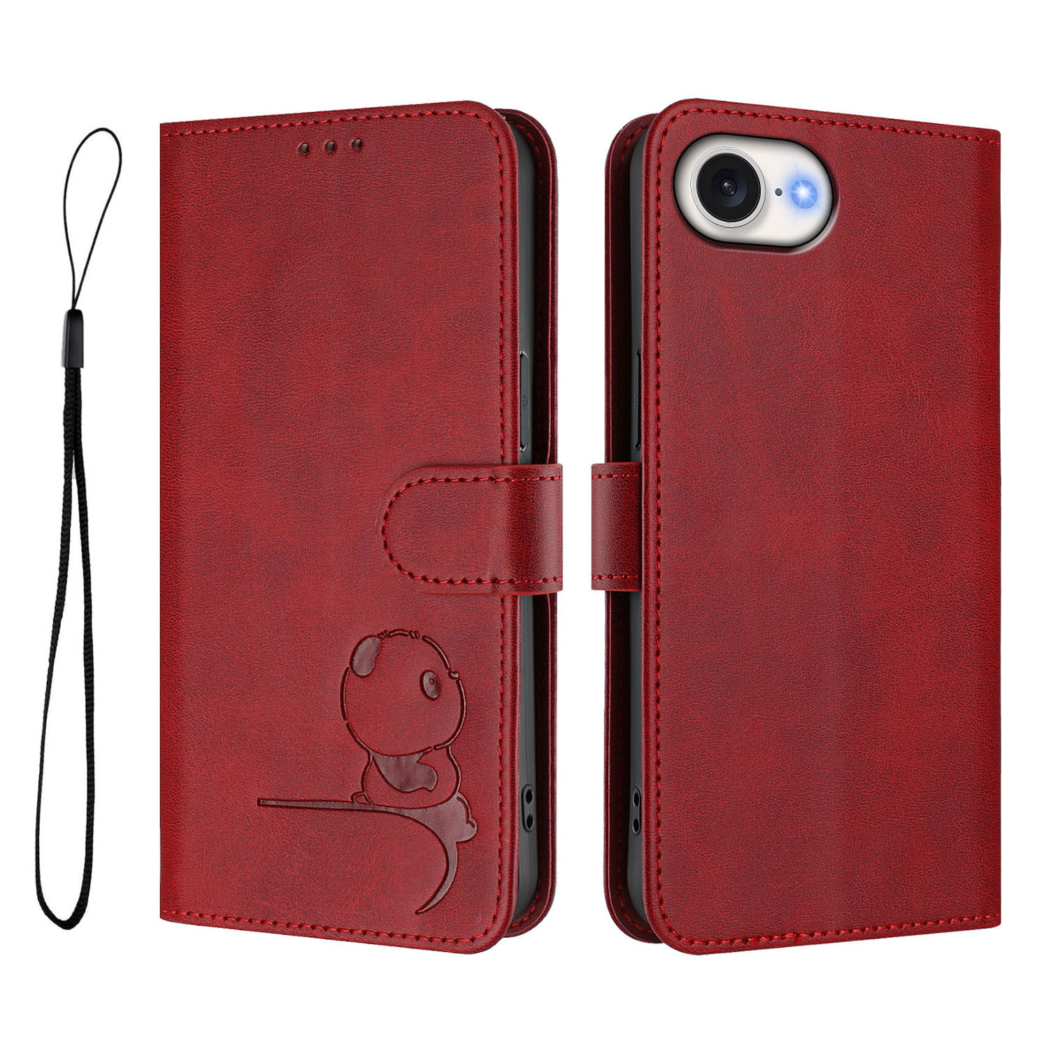 For iPhone 16e Case Panda Imprint RFID Blocking Wallet Leather Phone Cover with Wrist Strap - Wine Red