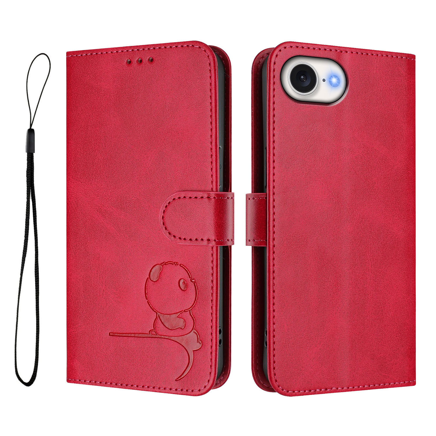 For iPhone 16e Case Panda Imprint RFID Blocking Wallet Leather Phone Cover with Wrist Strap - Rose