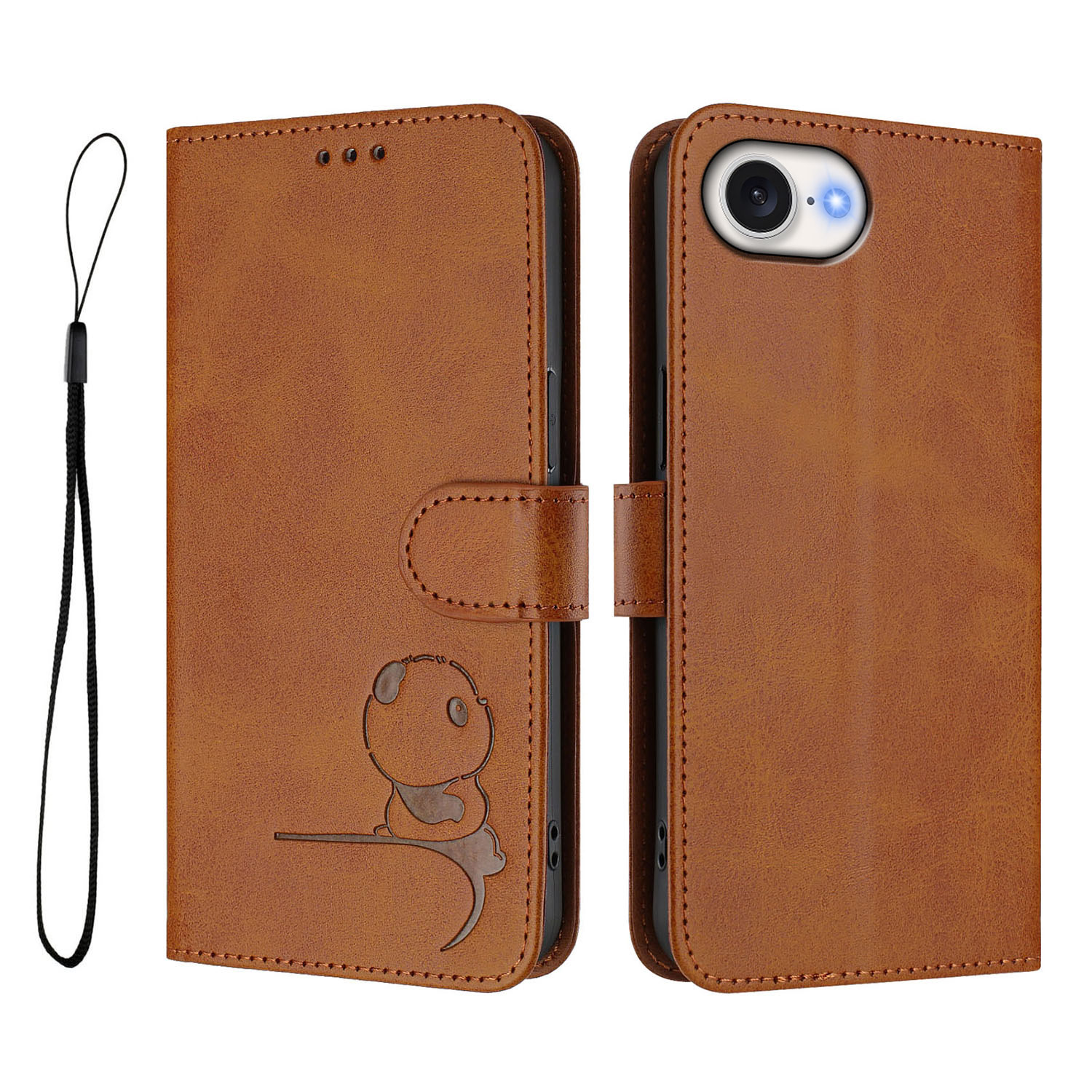 For iPhone 16e Case Panda Imprint RFID Blocking Wallet Leather Phone Cover with Wrist Strap - Brown