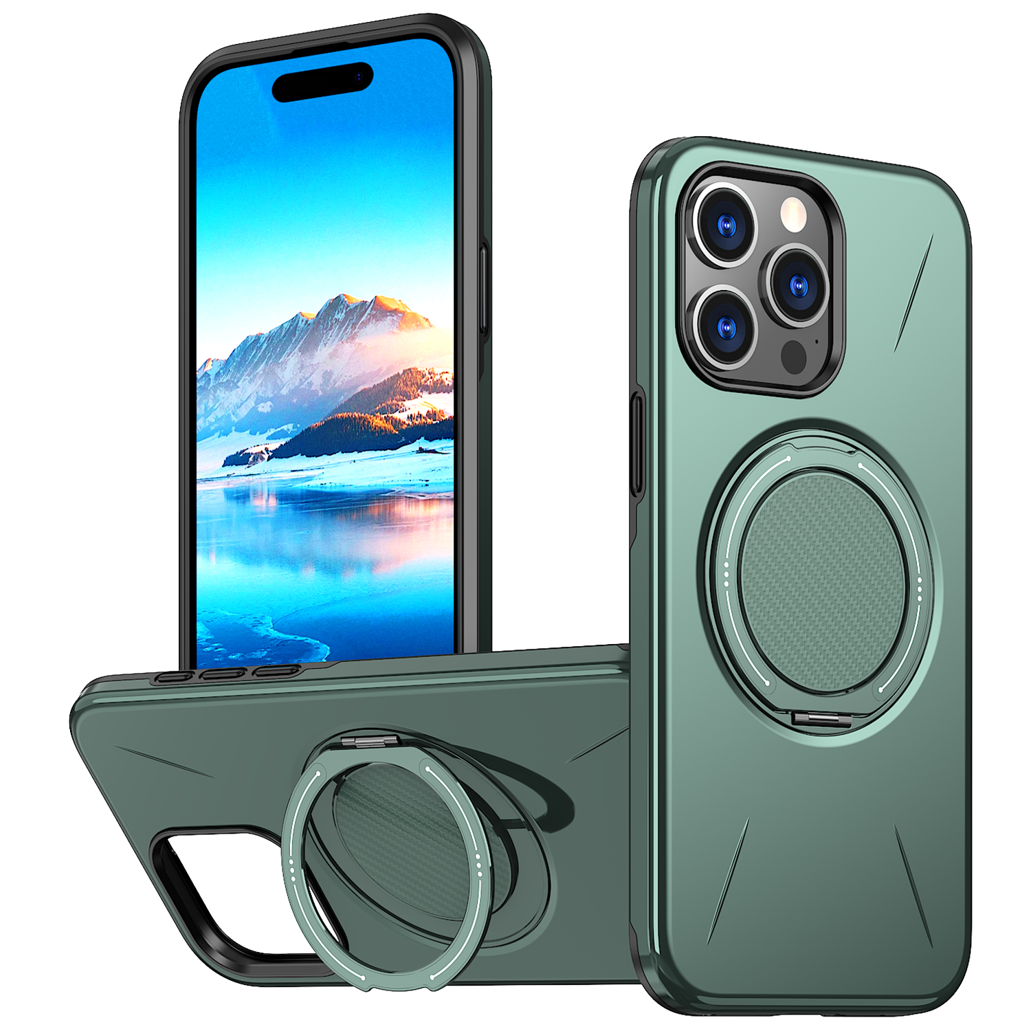 For iPhone 14 Pro Magnetic Case Rotating Kickstand TPU + PC Phone Cover - Green