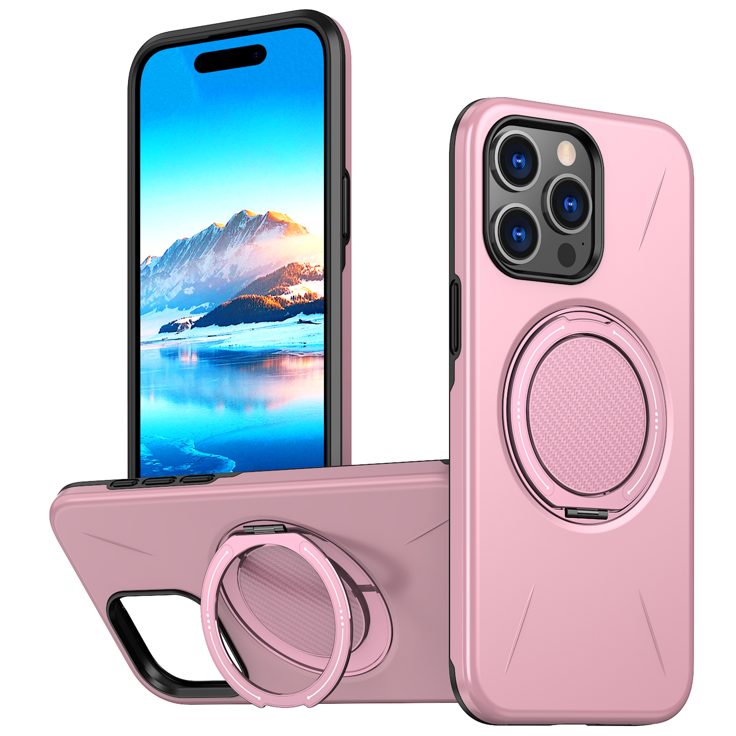 For iPhone 14 Pro Max Magnetic Case Rotating Kickstand TPU + PC Phone Cover - Pink