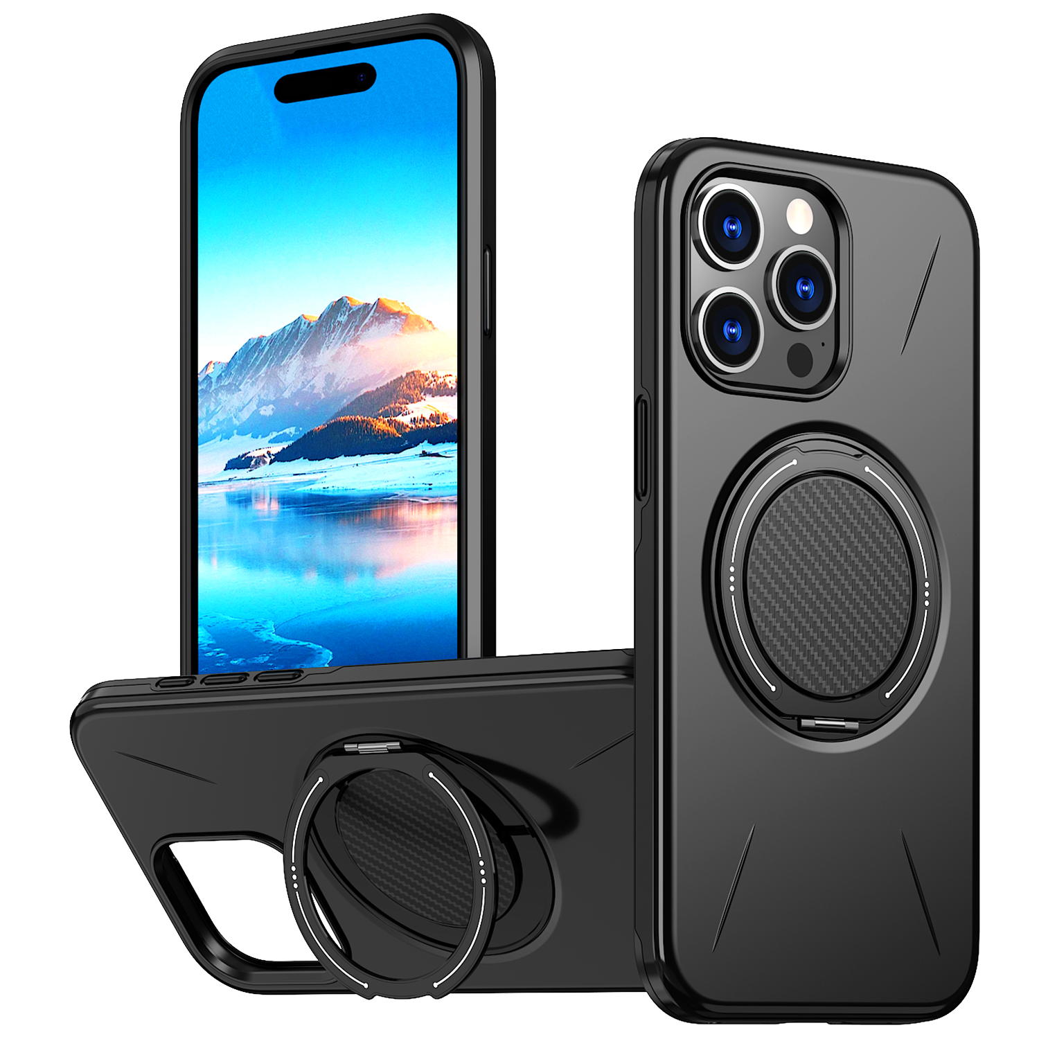 For iPhone 14 Pro Max Magnetic Case Rotating Kickstand TPU + PC Phone Cover - Black