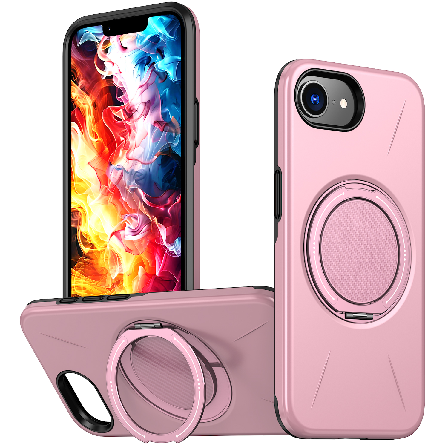 For iPhone 16e Magnetic Case Rotating Kickstand TPU + PC Phone Cover - Pink