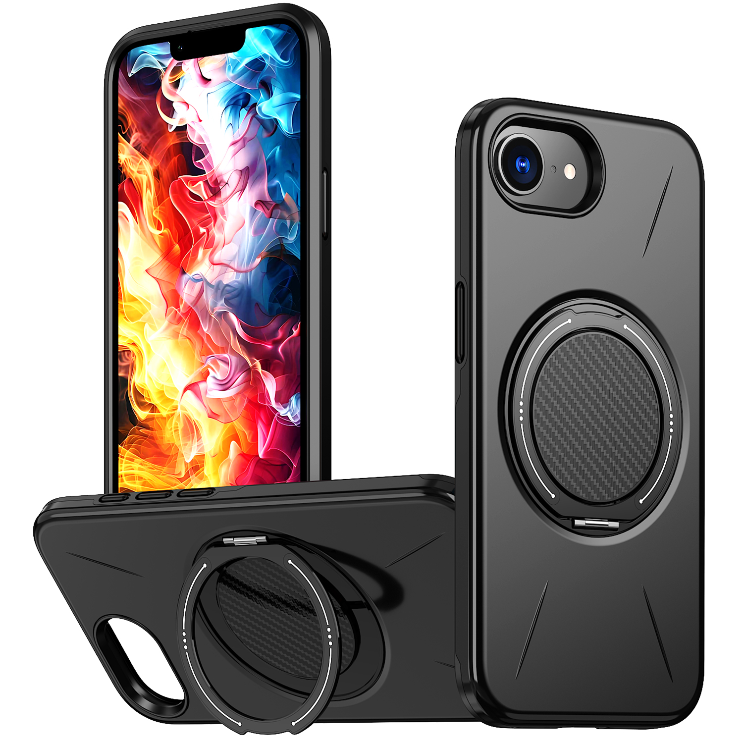 For iPhone 16e Magnetic Case Rotating Kickstand TPU + PC Phone Cover - Black