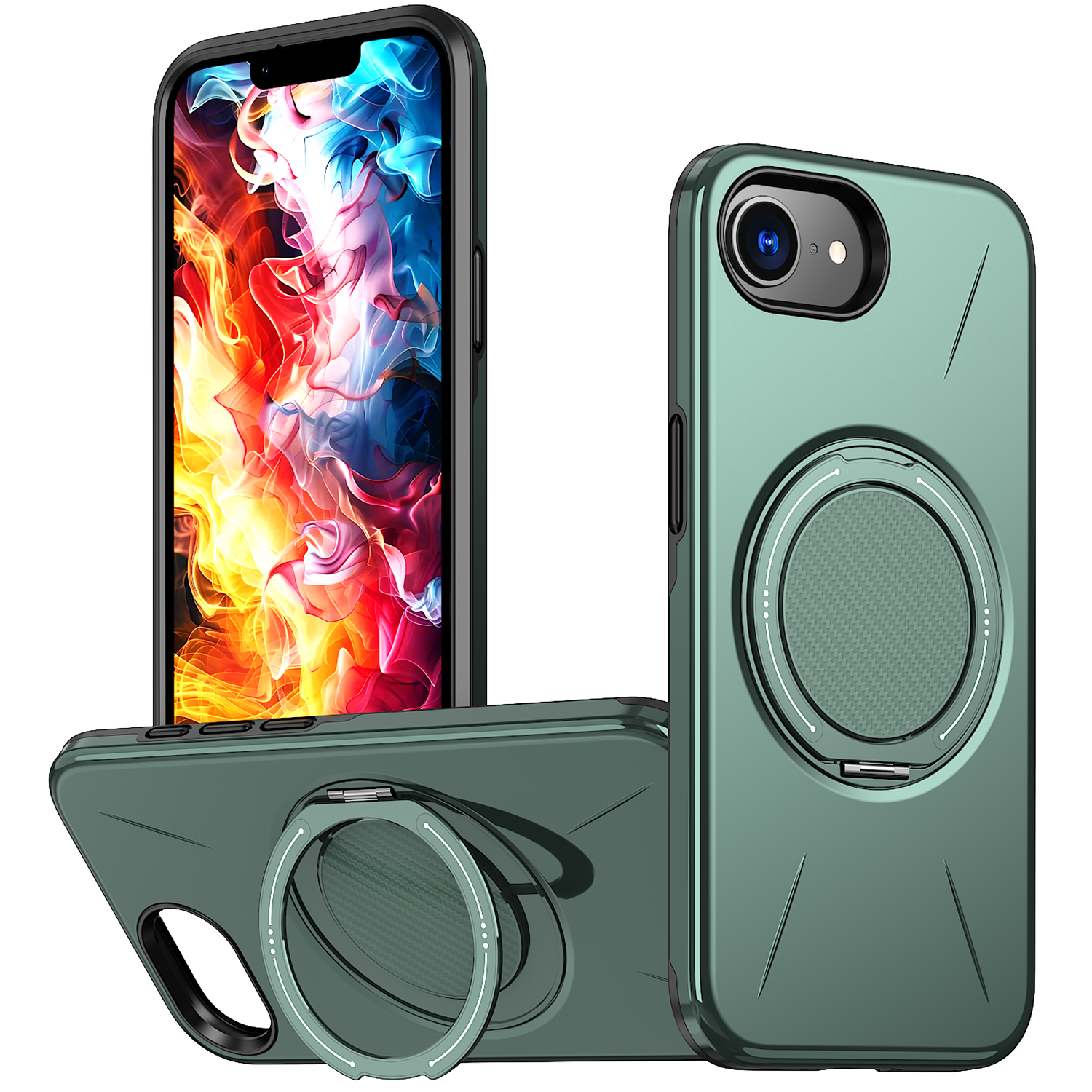 For iPhone 16e Magnetic Case Rotating Kickstand TPU + PC Phone Cover - Green