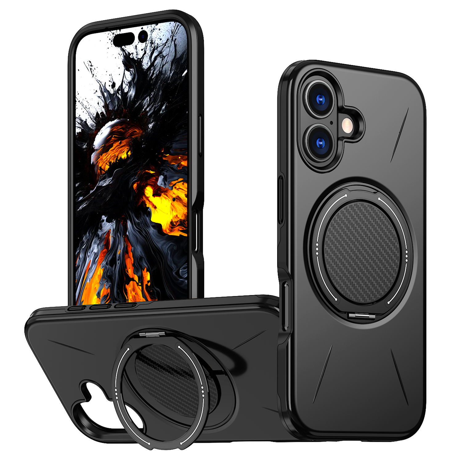 For iPhone 16 Magnetic Case Rotating Kickstand TPU + PC Phone Cover - Black