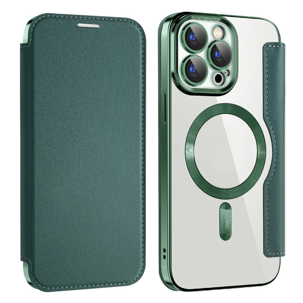 AMORUS For iPhone 13 Pro Case Compatible with MagSafe RFID Blocking Card Holder Leather Phone Cover - Blackish Green