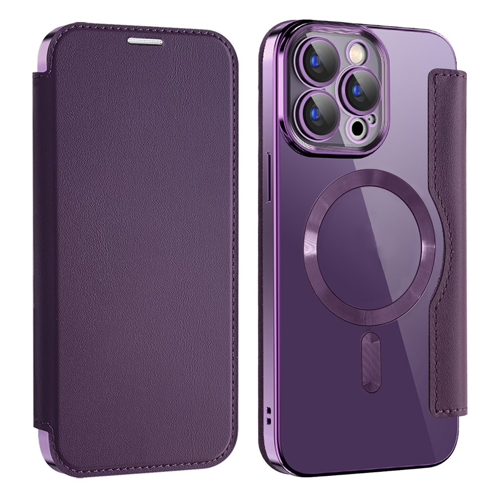 AMORUS For iPhone 13 Pro Max Case Compatible with MagSafe RFID Blocking Card Holder Leather Phone Cover - Dark Purple