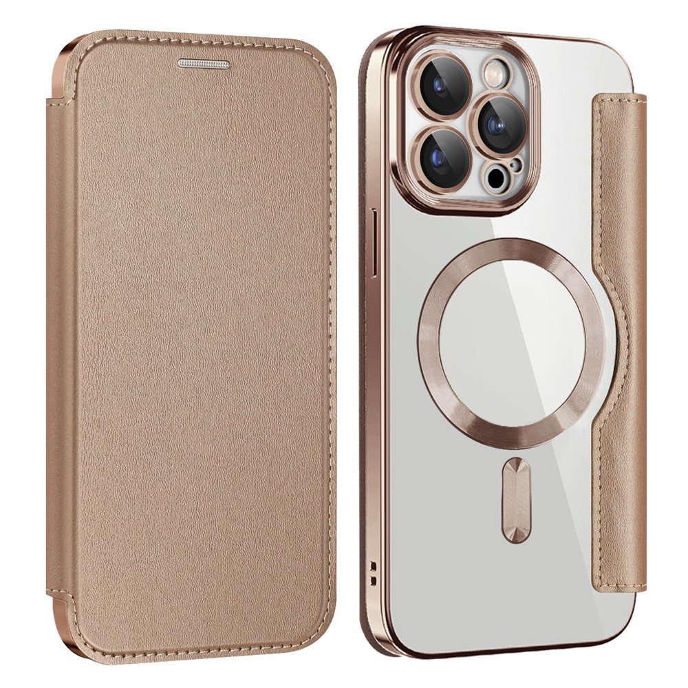 AMORUS For iPhone 15 Pro Case Compatible with MagSafe RFID Blocking Card Holder Leather Phone Cover - Desert Gold