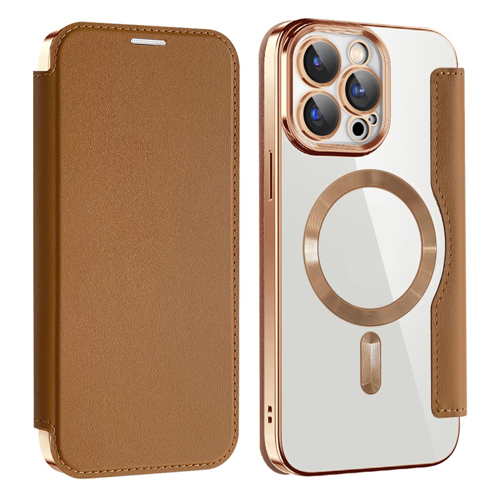 AMORUS For iPhone 15 Pro Case Compatible with MagSafe RFID Blocking Card Holder Leather Phone Cover - Brown