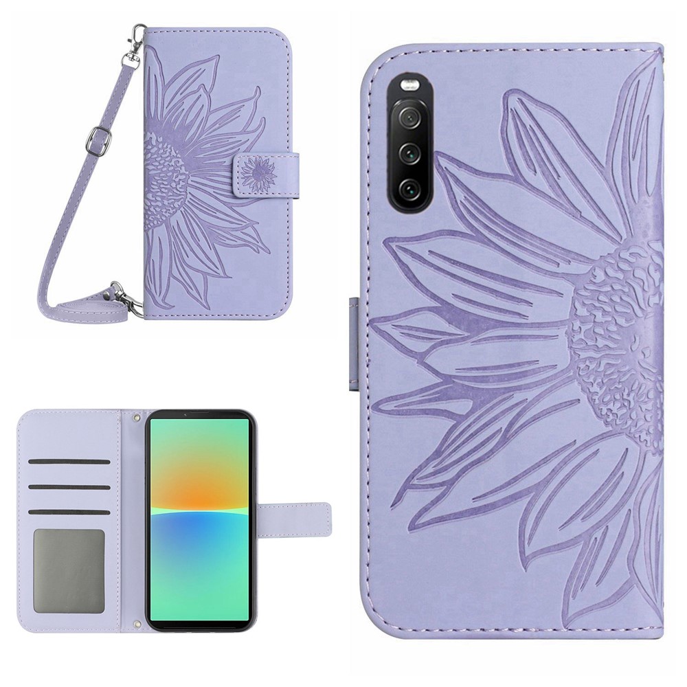 For Sony Xperia 10 IV 5G HT04 Sunflower Imprinted Skin-touch Wallet Stand PU Leather Cover Inner TPU Phone Case with Shoulder Strap - Light Purple-1