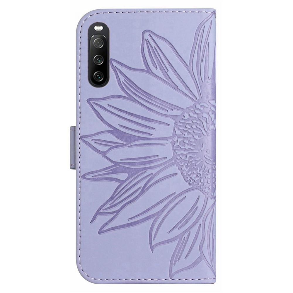 For Sony Xperia 10 IV 5G HT04 Sunflower Imprinted Skin-touch Wallet Stand PU Leather Cover Inner TPU Phone Case with Shoulder Strap - Light Purple-10
