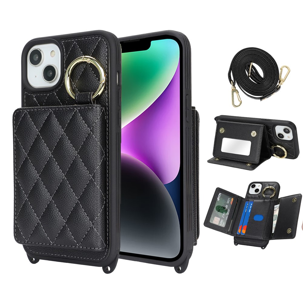For iPhone 14 / 13 Case with Lanyard  /  Mirror  /  Card Holder Grids Pattern RFID Blocking Phone Cover - Black
