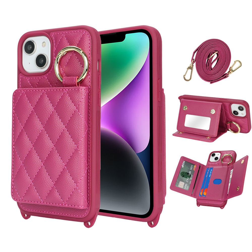 For iPhone 14 / 13 Case with Lanyard / Mirror / Card Holder Grids Pattern RFID Blocking Phone Cover - Rose