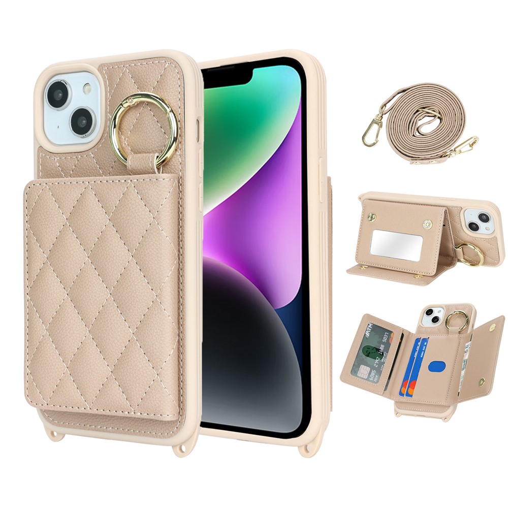 For iPhone 14 / 13 Case with Lanyard / Mirror / Card Holder Grids Pattern RFID Blocking Phone Cover - Beige