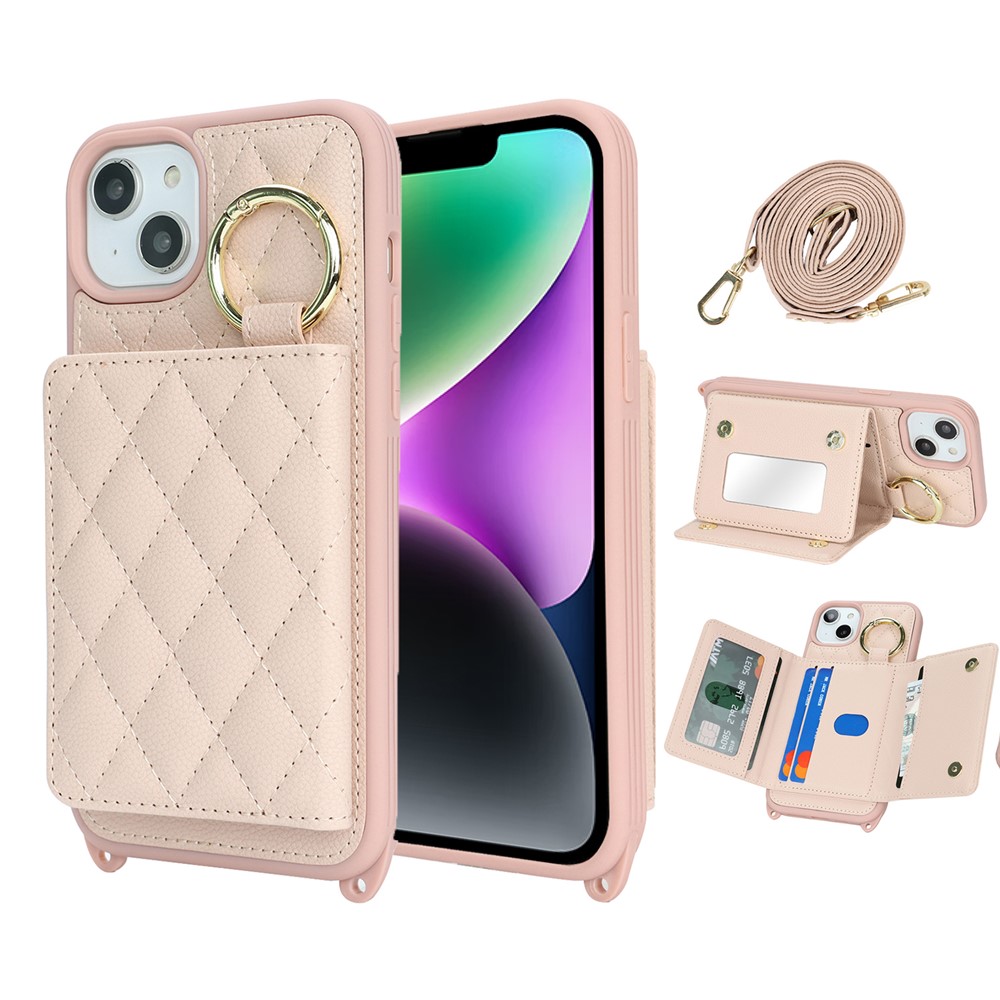 For iPhone 14 / 13 Case with Lanyard / Mirror / Card Holder Grids Pattern RFID Blocking Phone Cover - Pink