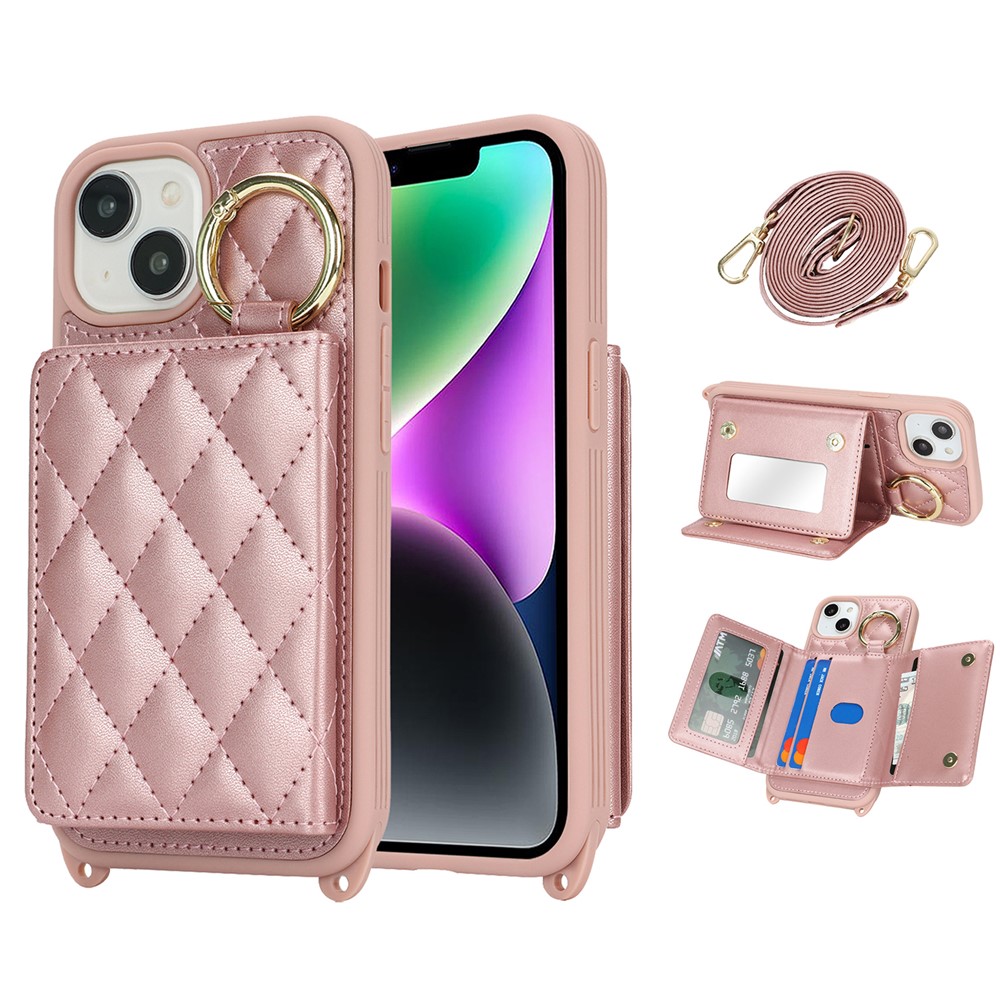 For iPhone 14 / 13 Case with Lanyard / Mirror / Card Holder Grids Pattern RFID Blocking Phone Cover - Rose Gold