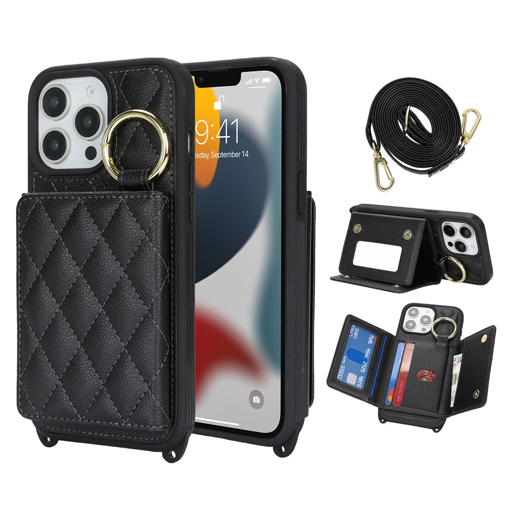 For iPhone 13 Pro Max / 12 Pro Max Case with Lanyard  /  Mirror  /  Card Holder Grids Pattern RFID Blocking Phone Cover - Black