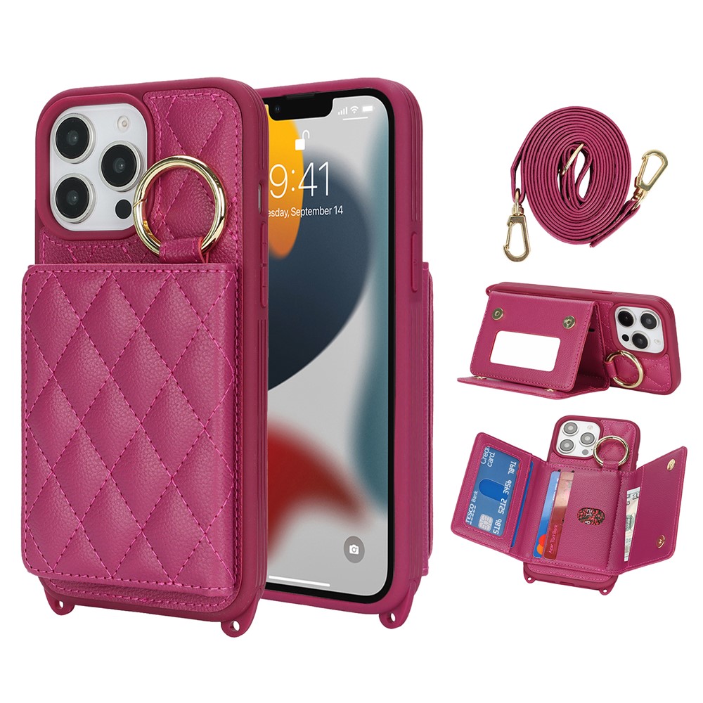 For iPhone 13 Pro Max / 12 Pro Max Case with Lanyard  /  Mirror  /  Card Holder Grids Pattern RFID Blocking Phone Cover - Rose