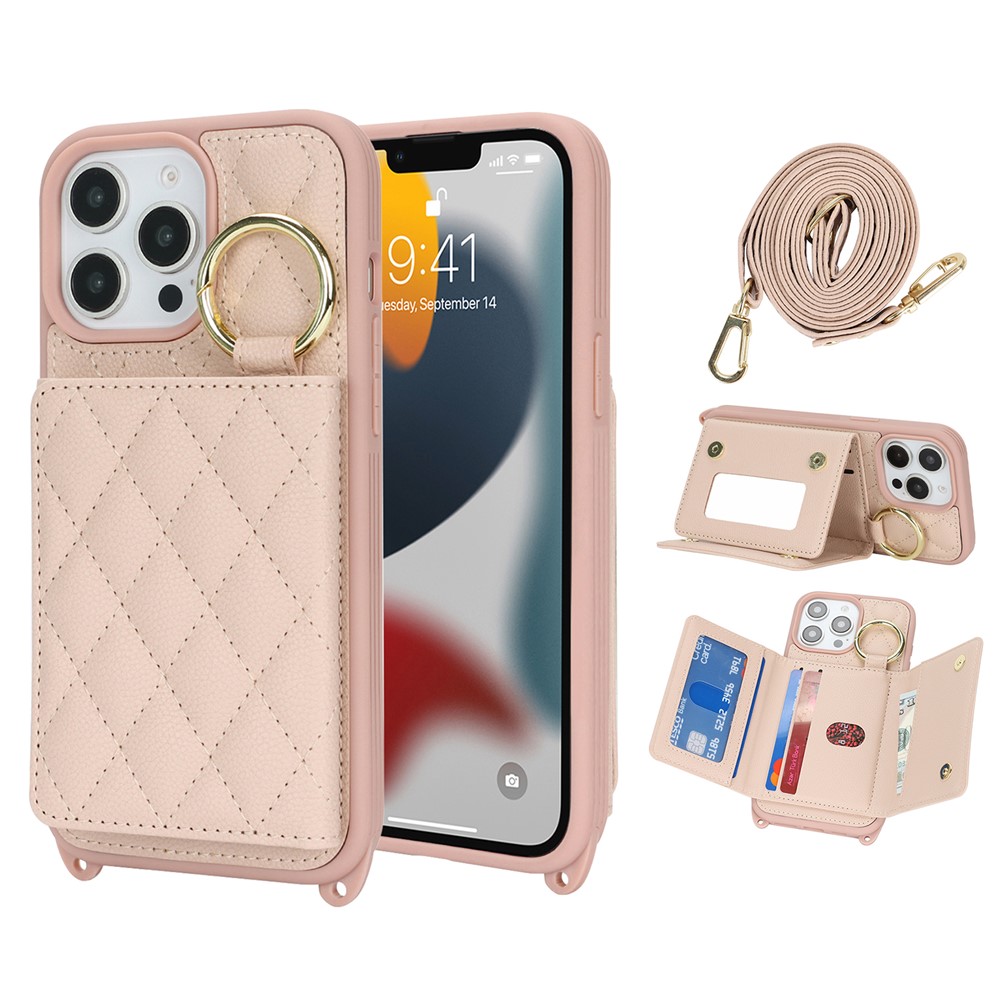 For iPhone 13 Pro Max / 12 Pro Max Case with Lanyard  /  Mirror  /  Card Holder Grids Pattern RFID Blocking Phone Cover - Pink