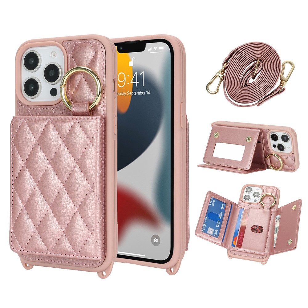 For iPhone 13 Pro Max / 12 Pro Max Case with Lanyard  /  Mirror  /  Card Holder Grids Pattern RFID Blocking Phone Cover - Rose Gold