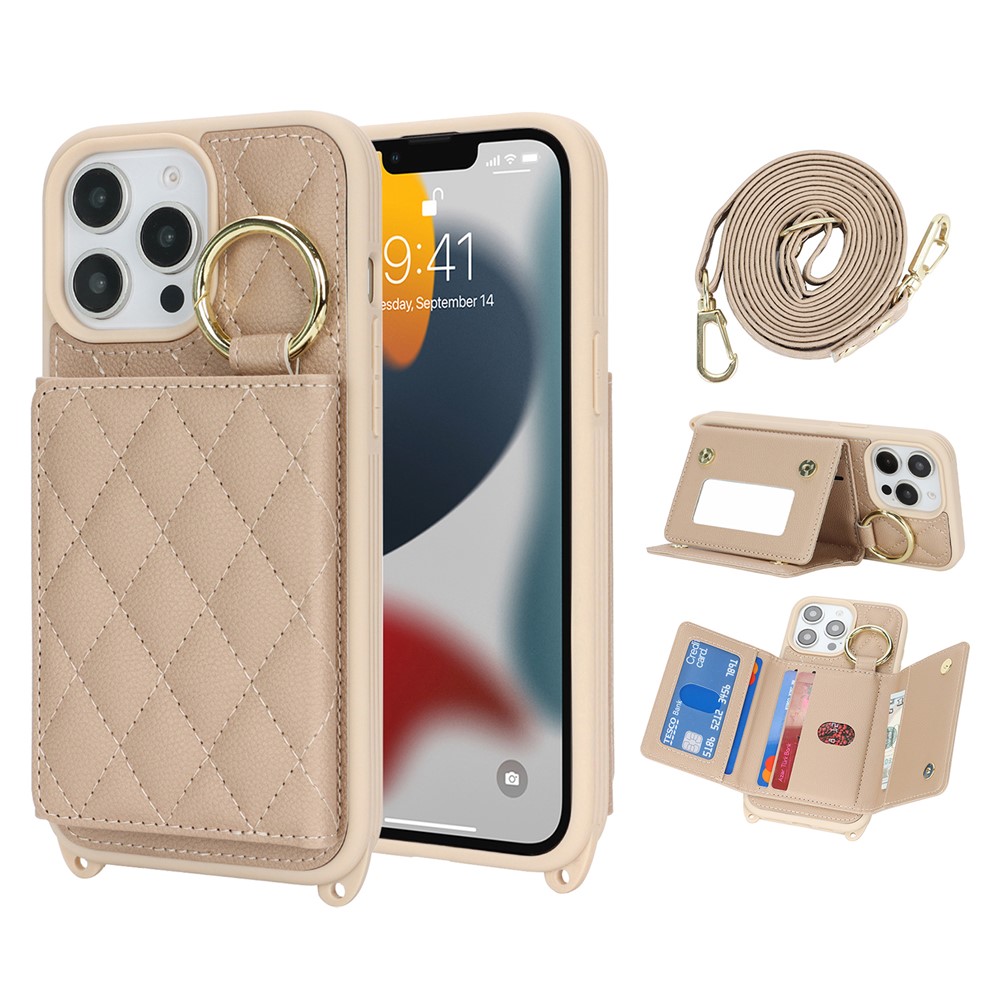 For iPhone 13 Pro Max / 12 Pro Max Case with Lanyard  /  Mirror  /  Card Holder Grids Pattern RFID Blocking Phone Cover - Beige