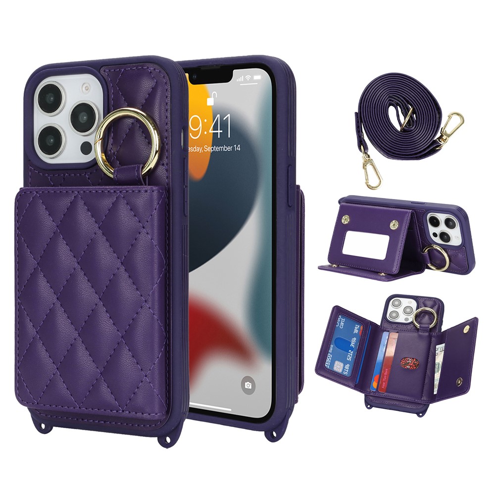 For iPhone 13 Pro Max / 12 Pro Max Case with Lanyard  /  Mirror  /  Card Holder Grids Pattern RFID Blocking Phone Cover - Purple