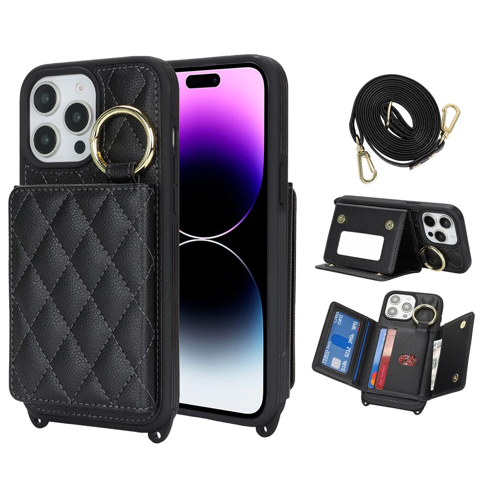 For iPhone 14 Pro Case with Lanyard  /  Mirror  /  Card Holder Grids Pattern RFID Blocking Phone Cover - Black