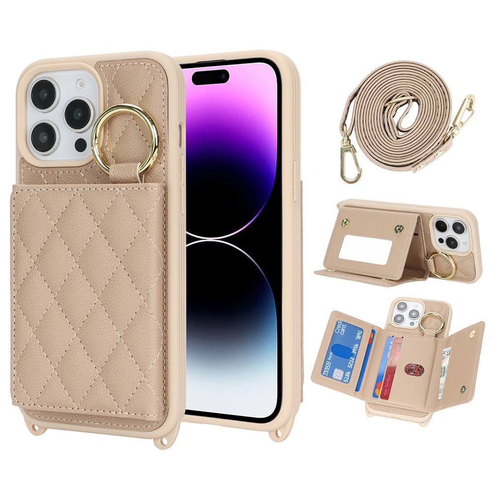 For iPhone 14 Pro Case with Lanyard  /  Mirror  /  Card Holder Grids Pattern RFID Blocking Phone Cover - Beige