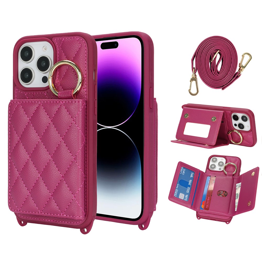 For iPhone 14 Pro Max Case with Lanyard  /  Mirror  /  Card Holder Grids Pattern RFID Blocking Phone Cover - Rose