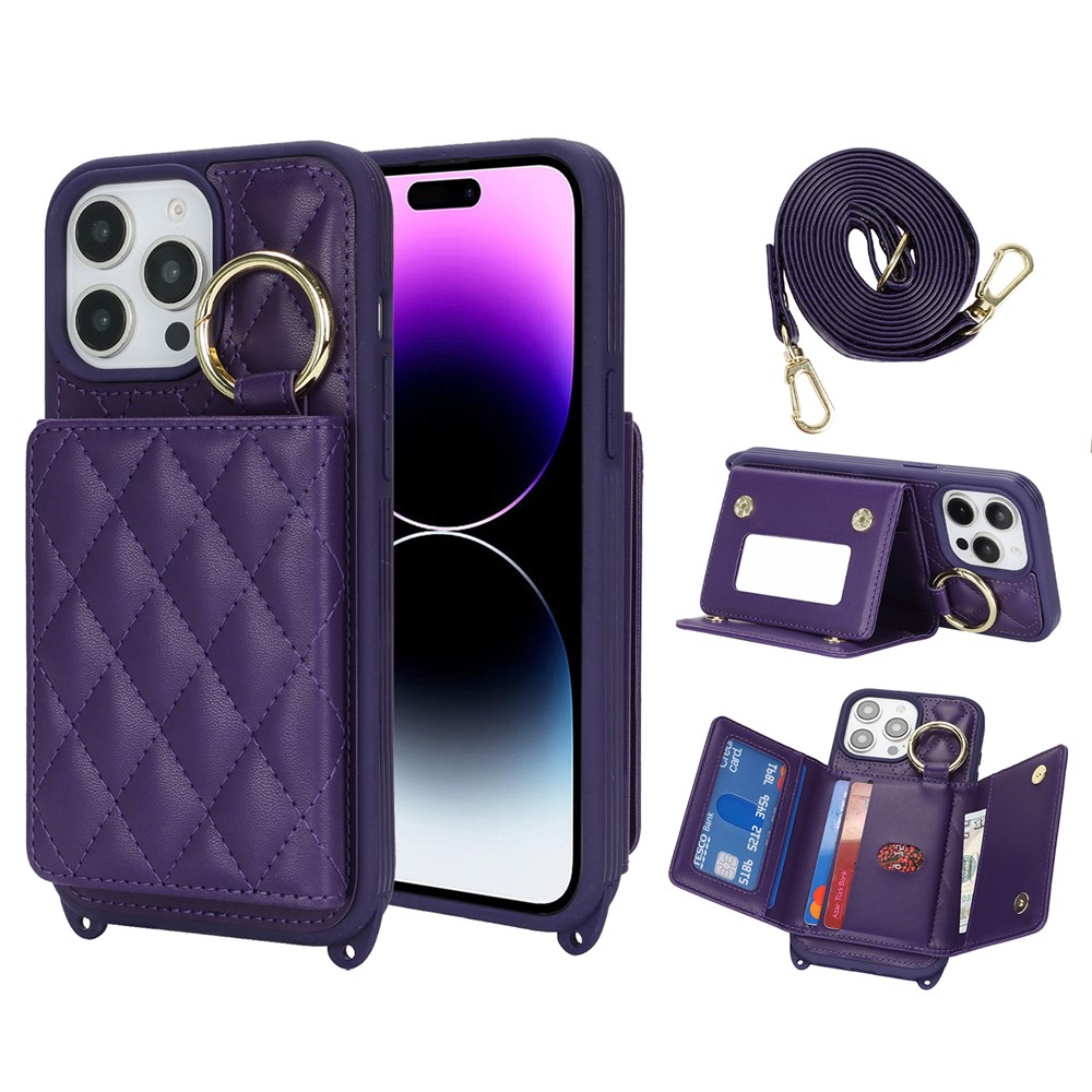 For iPhone 14 Pro Max Case with Lanyard  /  Mirror  /  Card Holder Grids Pattern RFID Blocking Phone Cover - Purple