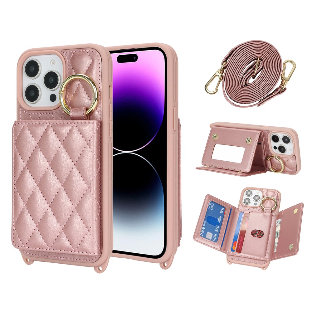For iPhone 14 Pro Max Case with Lanyard  /  Mirror  /  Card Holder Grids Pattern RFID Blocking Phone Cover - Rose Gold