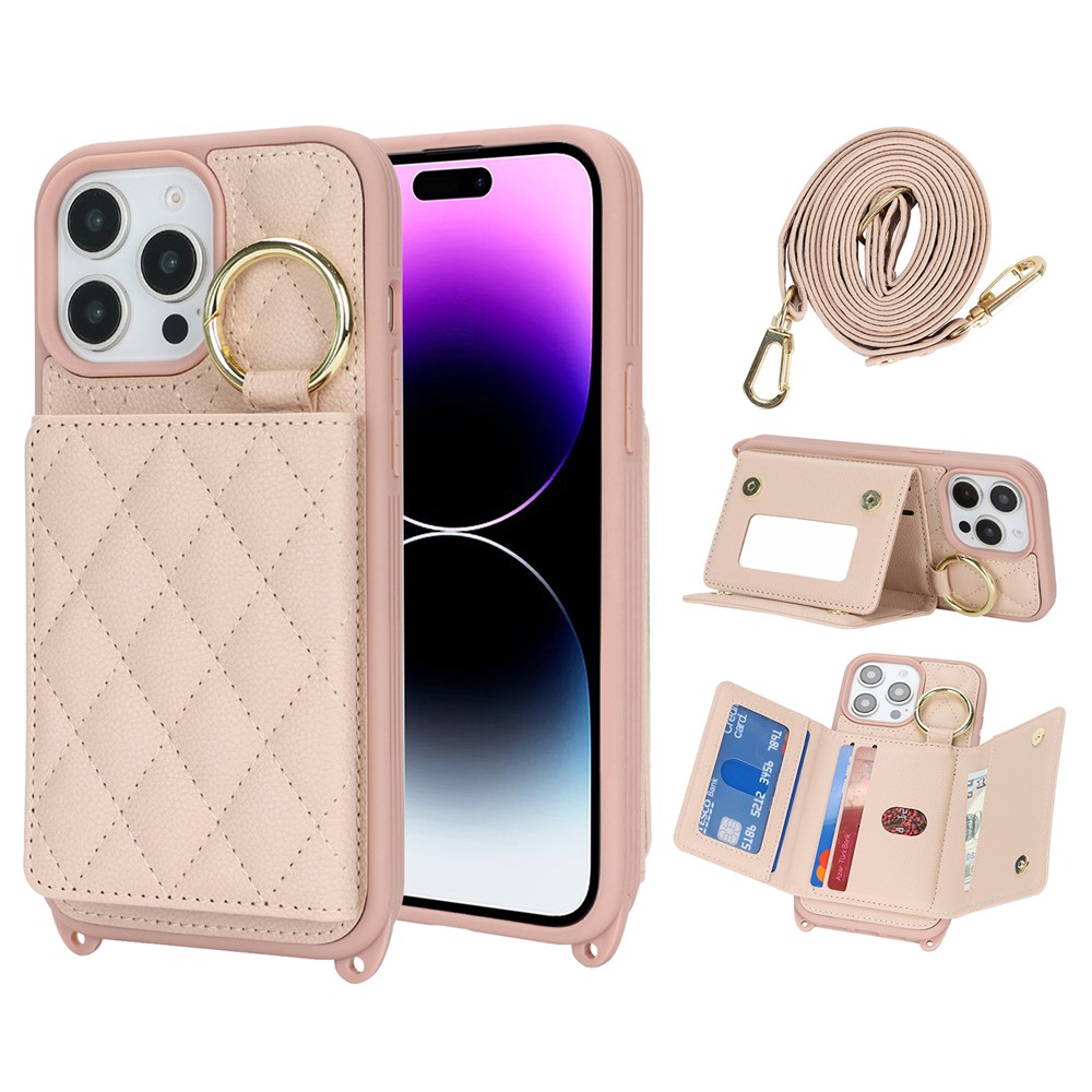 For iPhone 14 Pro Max Case with Lanyard  /  Mirror  /  Card Holder Grids Pattern RFID Blocking Phone Cover - Pink
